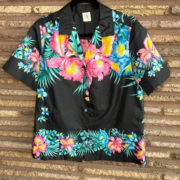 Royal Creations Vintage Hawaiian Black Floral Short Sleeve Shirt Size Medium - Picture 6 of 6